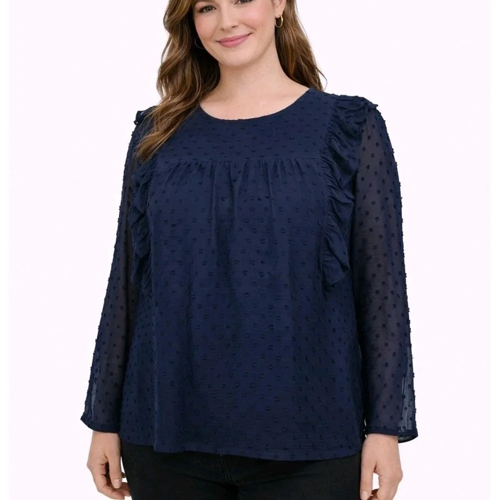 J.CREW Size 12 Navy Blue French Dot Pleated Ruffle Sheer Sleeve Keyhole Blouse‎